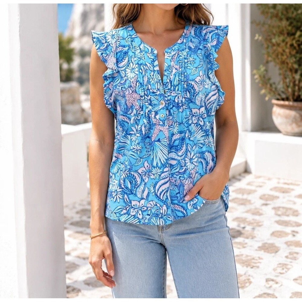 Lilly Pulitzer Golda Blouse Top Amalfi Sound The Sirens Floral Printed S 287603
